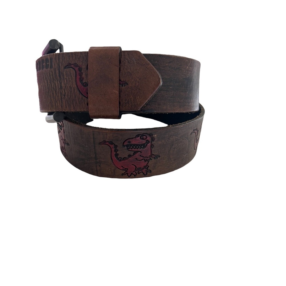 Fiorucci Vintage Kids Brown Leather Red T-Rex  Engraved Logo Belt Size M‎ 24-30 - Picture 2 of 12
